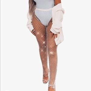 Women Crystal Rhinestone Mesh Pants Fishnet Leggings Festival Beach Cover Up